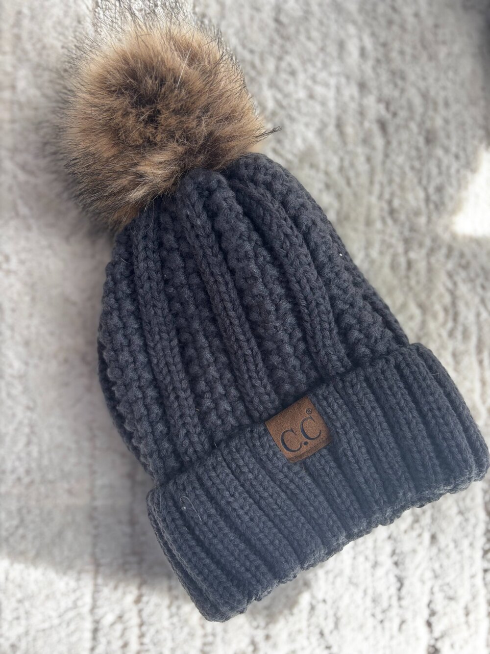 C.C Ribbed Knit Beanie Hat Faux Fur Pom Pom Fleece Lined Dark Gray
